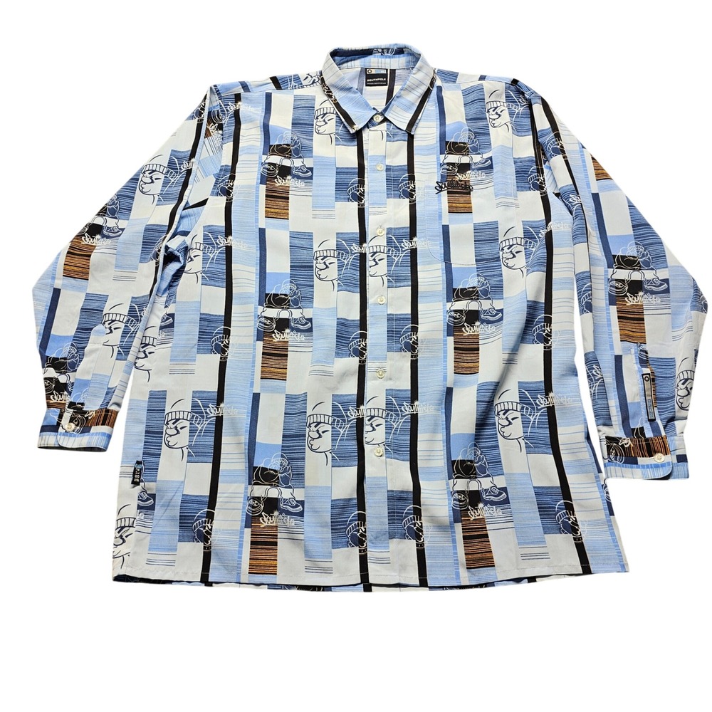 Southpole Mens XL Blue Graphic Striped Button Down Shirt Y2K Streetwear Long Slv